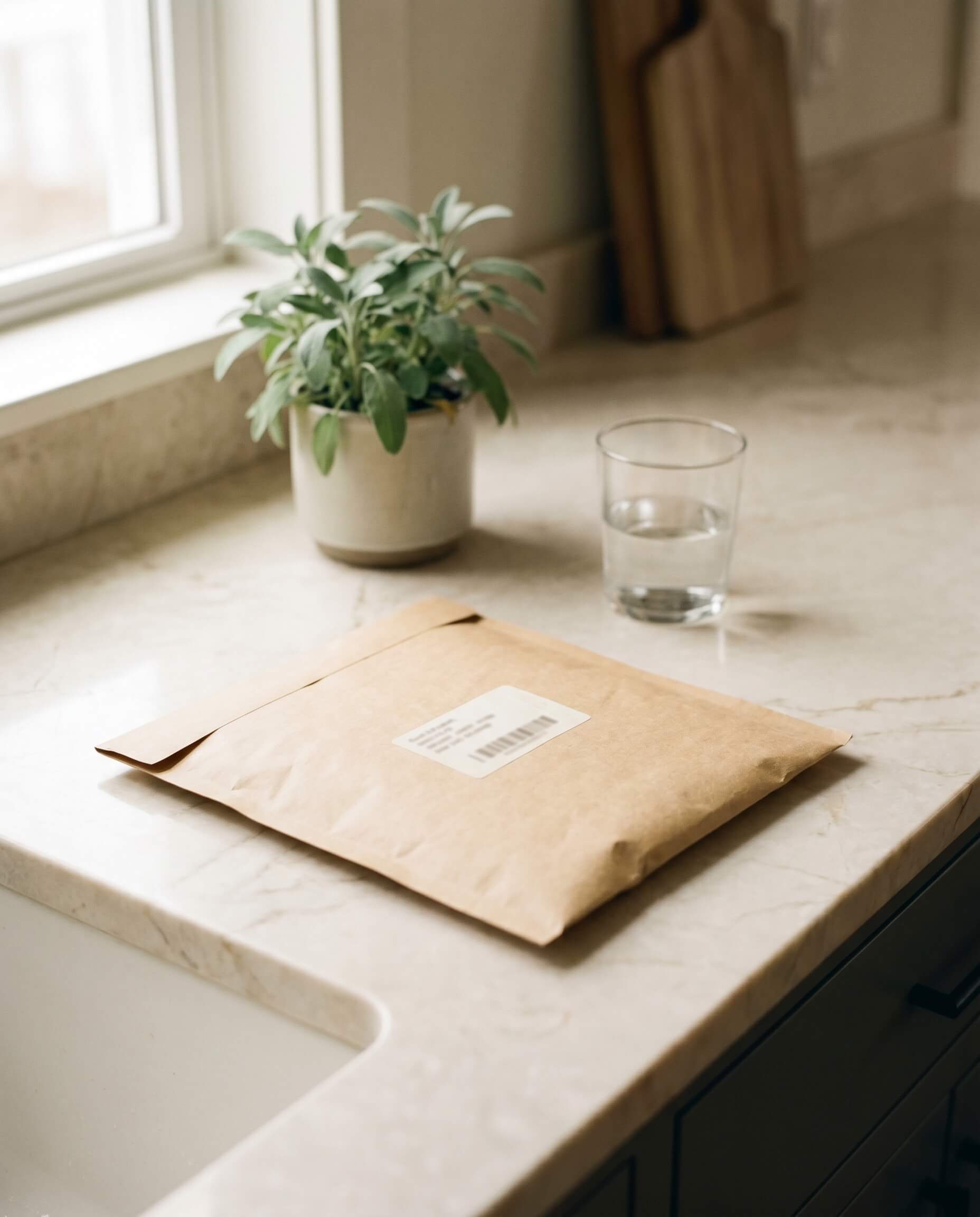 Discreet plain-paper shipping envelope on a kitchen counter